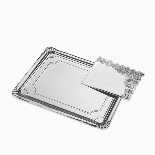 Maxi Products | S/12 Bandeja rectangular cartón con blonda plata 25 x 34 CM